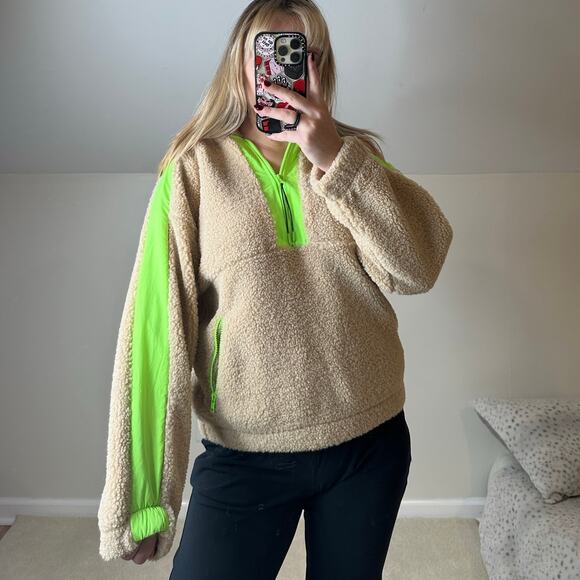 Forever 21: Tan Sherpa Quarter Zip Pullover with Neon Green Accents - Picture 1 of 9